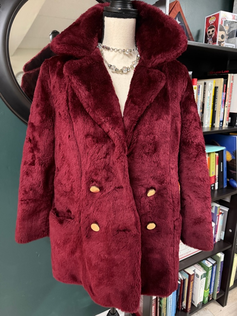 Vintage Burgundy Teddy Faux Fur Coat with Gold Buttons